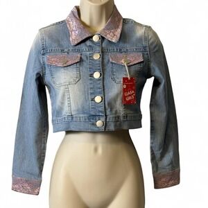 Vintage Y2K Clash Cropped Pink Lace Trimmed Denim Jacket,‎ Girls Size 14/16